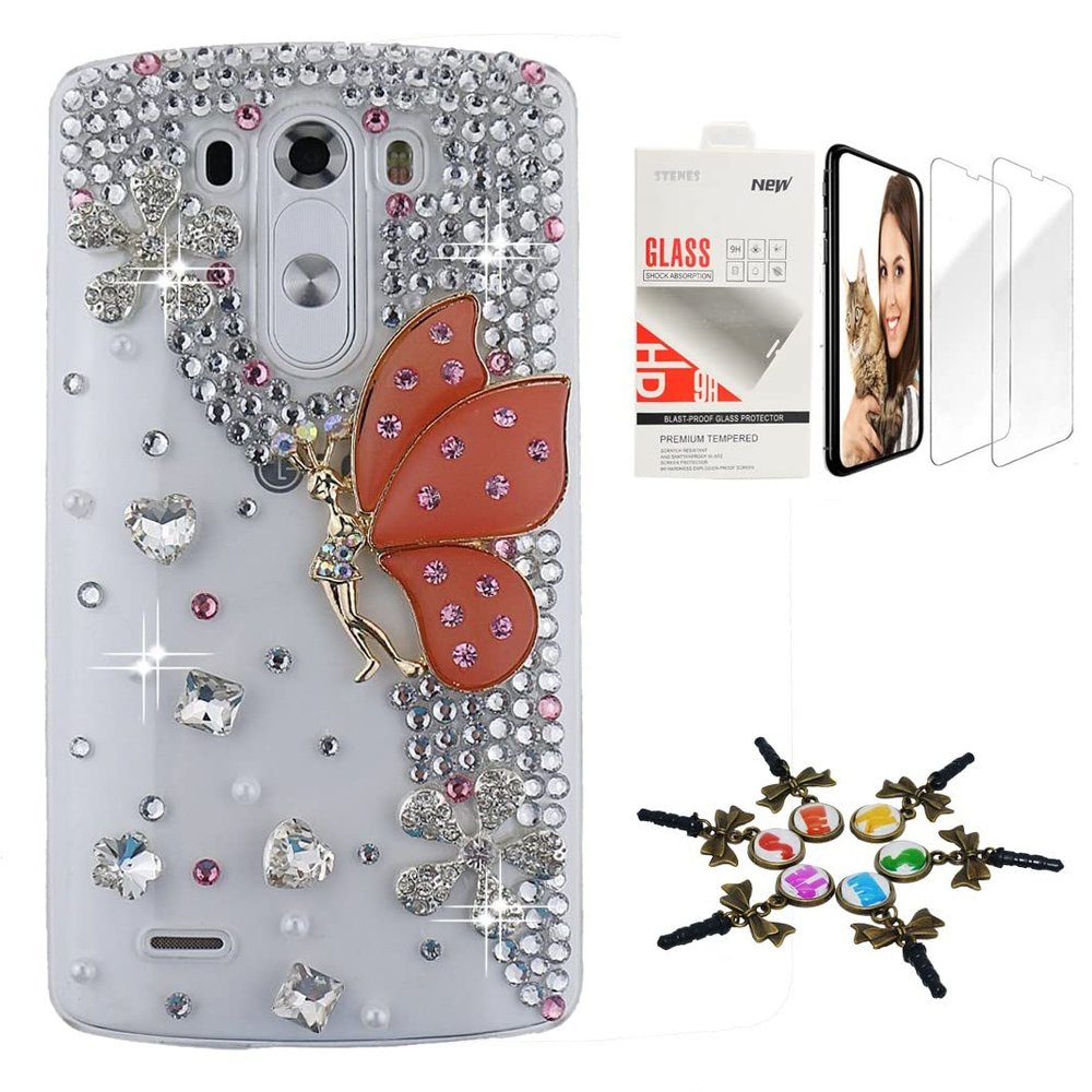STENES Bling Case Compatible with LG V30 - Stylish - 3D Handmade [Sparkle Series] Butterfly Flowers Design Cover with Screen Protector [2 Pack] - Orange