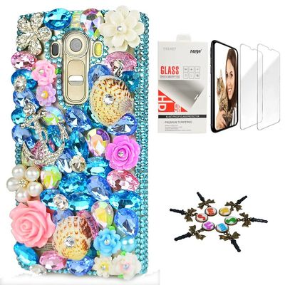 STENES Bling Case Compatible with LG V30 - Stylish - 3D Handmade [Sparkle Series] Anchor Shell Rose Flowrs Design Cover with Screen Protector [2 Pack] - Novy Blue