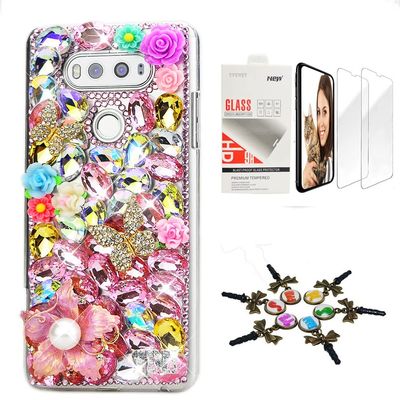 STENES Bling Case Compatible with LG V30 - Stylish - 3D Handmade [Sparkle Series] Pretty Flowers Butterfly Design Cover with Screen Protector [2 Pack] - Pink