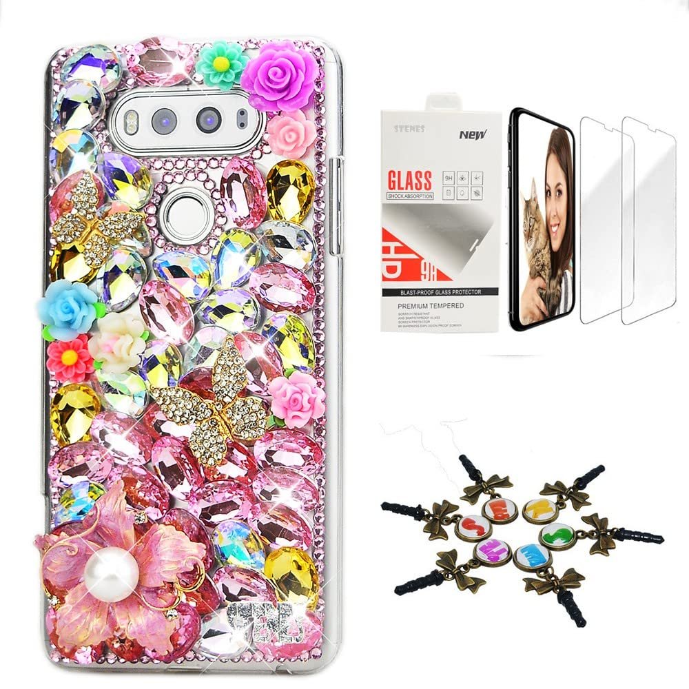 STENES Bling Case Compatible with LG V30 - Stylish - 3D Handmade [Sparkle Series] Pretty Flowers Butterfly Design Cover with Screen Protector [2 Pack] - Pink