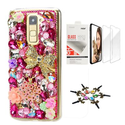 STENES Bling Case Compatible with LG V30 - Stylish - 3D Handmade [Sparkle Series] Bowknot Flowers Dance Girl Flowers Design Cover with Screen Protector [2 Pack] - Red