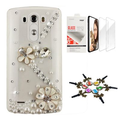 STENES Bling Case Compatible with LG V30 - Stylish - 3D Handmade [Sparkle Series] S Link Flowers Design Cover with Screen Protector [2 Pack] - White