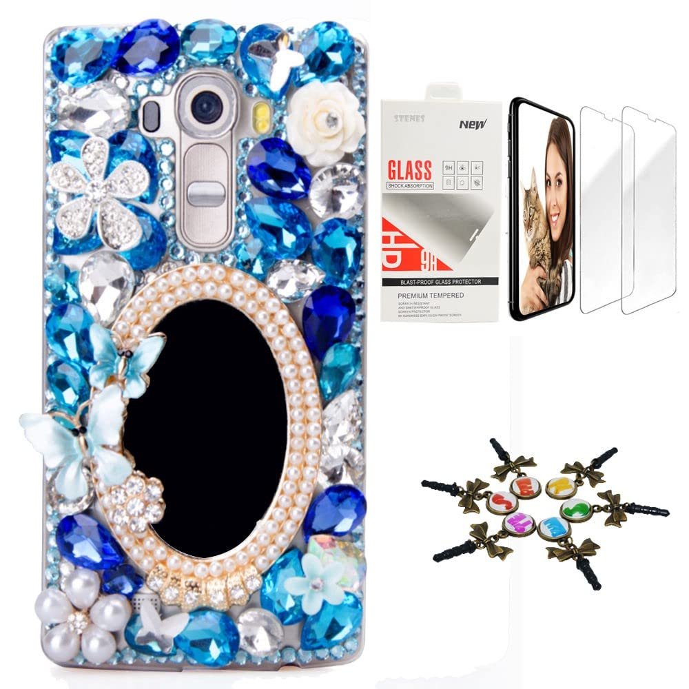 STENES Bling Case Compatible with LG V30 - Stylish - 3D Handmade [Sparkle Series] Girls Mirror Butterfly Flowers Design Cover with Screen Protector [2 Pack] - Blue