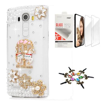 STENES Bling Case Compatible with LG V35 TinQ - Stylish - 3D Handmade [Sparkle Series] Carousel Flowers Floral Design Cover with Screen Protector [2 Pack] - Gold
