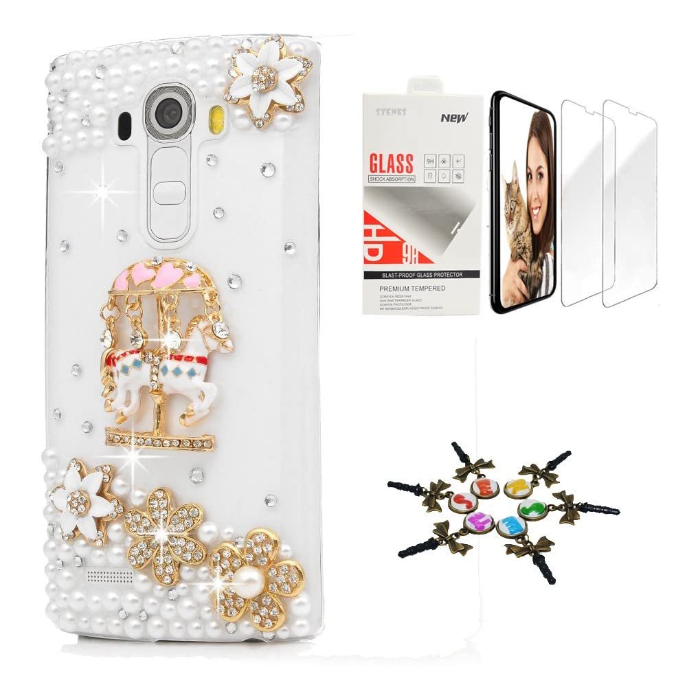 STENES Bling Case Compatible with LG V35 TinQ - Stylish - 3D Handmade [Sparkle Series] Carousel Flowers Floral Design Cover with Screen Protector [2 Pack] - Gold