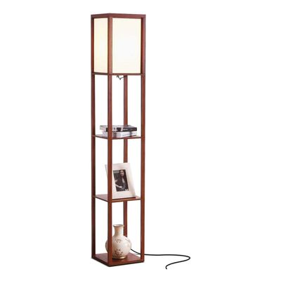 Brightech Maxwell - Modern Shelf Floor Lamp with Lamp Shade & Warm White LED Bulb, Corner Display Floor Lamp with Shelves for Living Room, Bedroom, Nightstand Office, Home Decor Storage - Walnut Brown