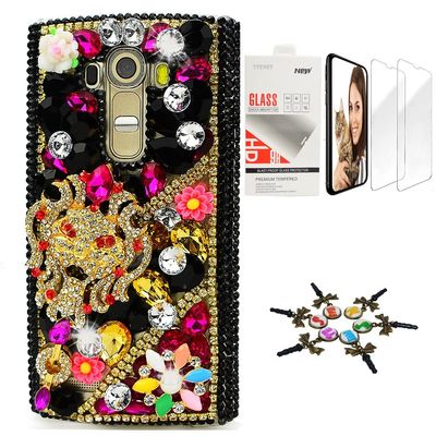 STENES Bling Case Compatible with LG V35 TinQ - Stylish - 3D Handmade [Sparkle Series] Tribal Mask Flowers Design Cover with Screen Protector [2 Pack] - Gold&Black