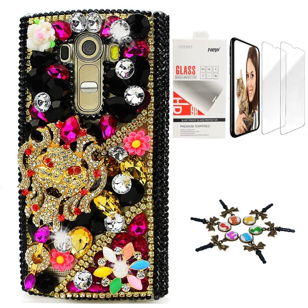 STENES Bling Case Compatible with LG V35 TinQ - Stylish - 3D Handmade [Sparkle Series] Tribal Mask Flowers Design Cover with Screen Protector [2 Pack] - Gold&Black
