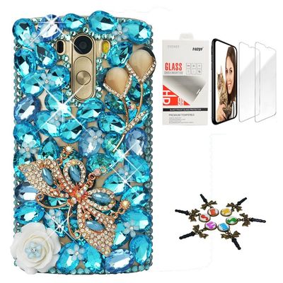 STENES Bling Case Compatible with LG V30 - Stylish - 3D Handmade [Sparkle Series] Butterfly Flowers Design Cover with Screen Protector [2 Pack] - Blue