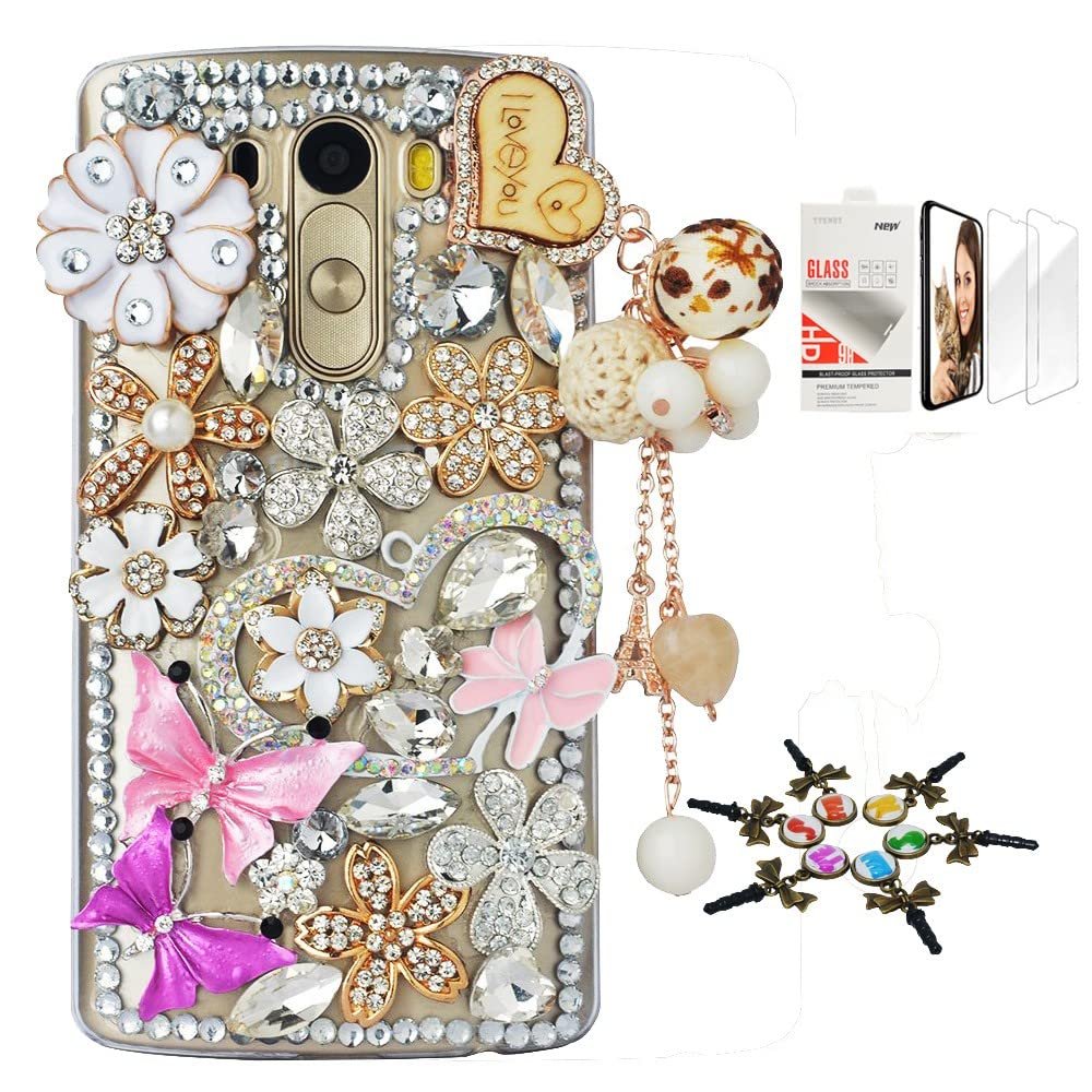 STENES Bling Case Compatible with LG V30 - Stylish - 3D Handmade [Sparkle Series] Heart Pearl Pendant Butterfly Sweet Flowers Floral Design Cover with Screen Protector [2 Pack] - Pink