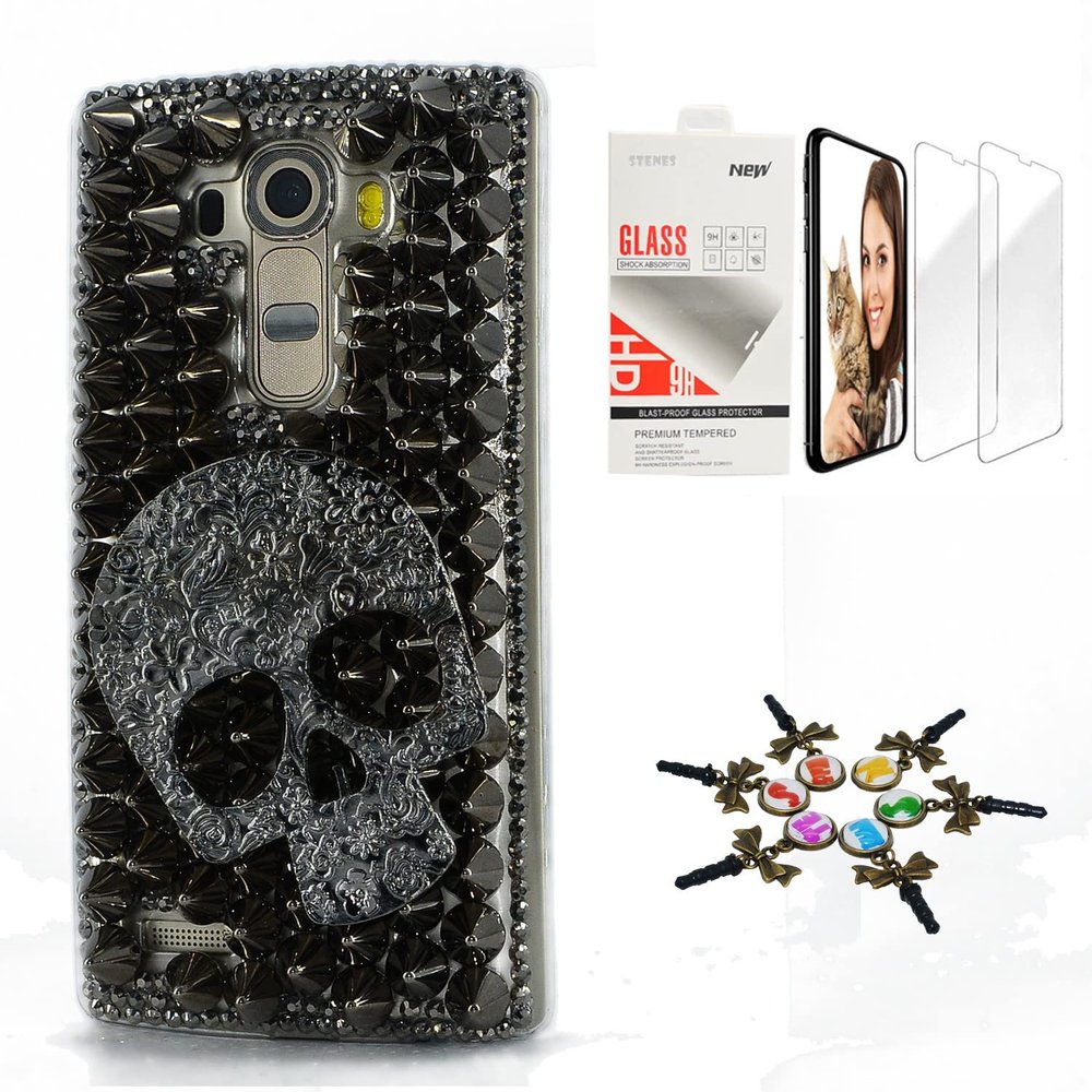 STENES Bling Case Compatible with LG V30 - Stylish - 3D Handmade [Sparkle Series] Punk Big Skull Design Cover with Screen Protector [2 Pack] - Black