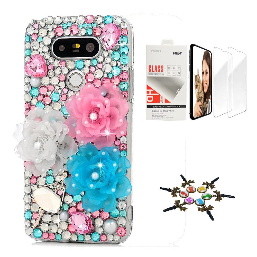 STENES Bling Case Compatible with LG V30 - Stylish - 3D Handmade [Sparkle Series] Pretty Rose Flowers Design Cover with Screen Protector [2 Pack] - Pink&Blue&White