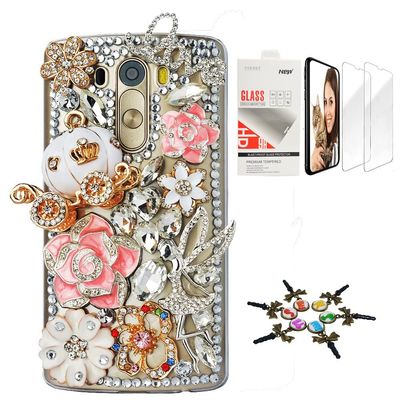 STENES Bling Case Compatible with LG V30 - Stylish - 3D Handmade [Sparkle Series] Fairy Girl Pumpkin Car Camellia Flowers Design Cover with Screen Protector [2 Pack] - Pink