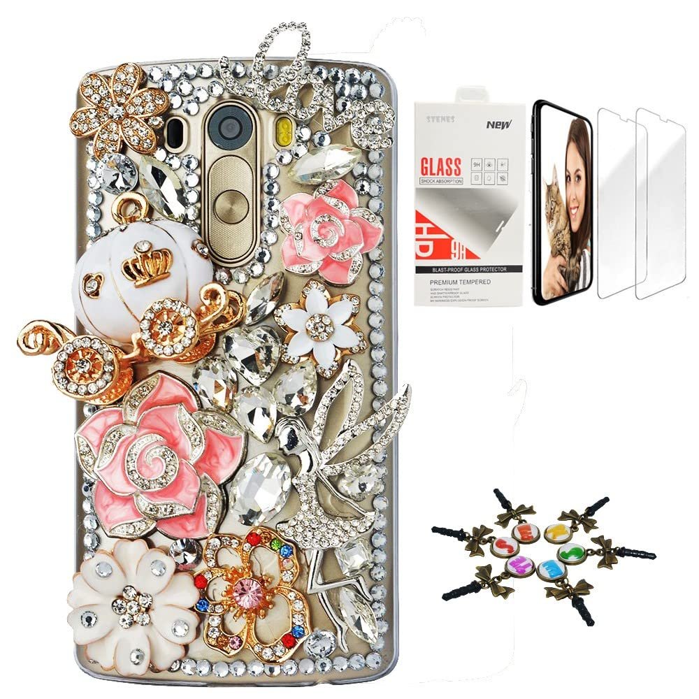 STENES Bling Case Compatible with LG V30 - Stylish - 3D Handmade [Sparkle Series] Fairy Girl Pumpkin Car Camellia Flowers Design Cover with Screen Protector [2 Pack] - Pink