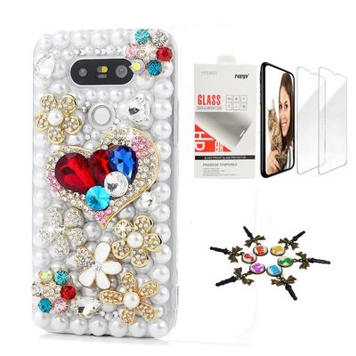 STENES Bling Case Compatible with LG V30 - Stylish - 3D Handmade [Sparkle Series] Sweet Heart Flowers Floral Design Cover with Screen Protector [2 Pack] - White