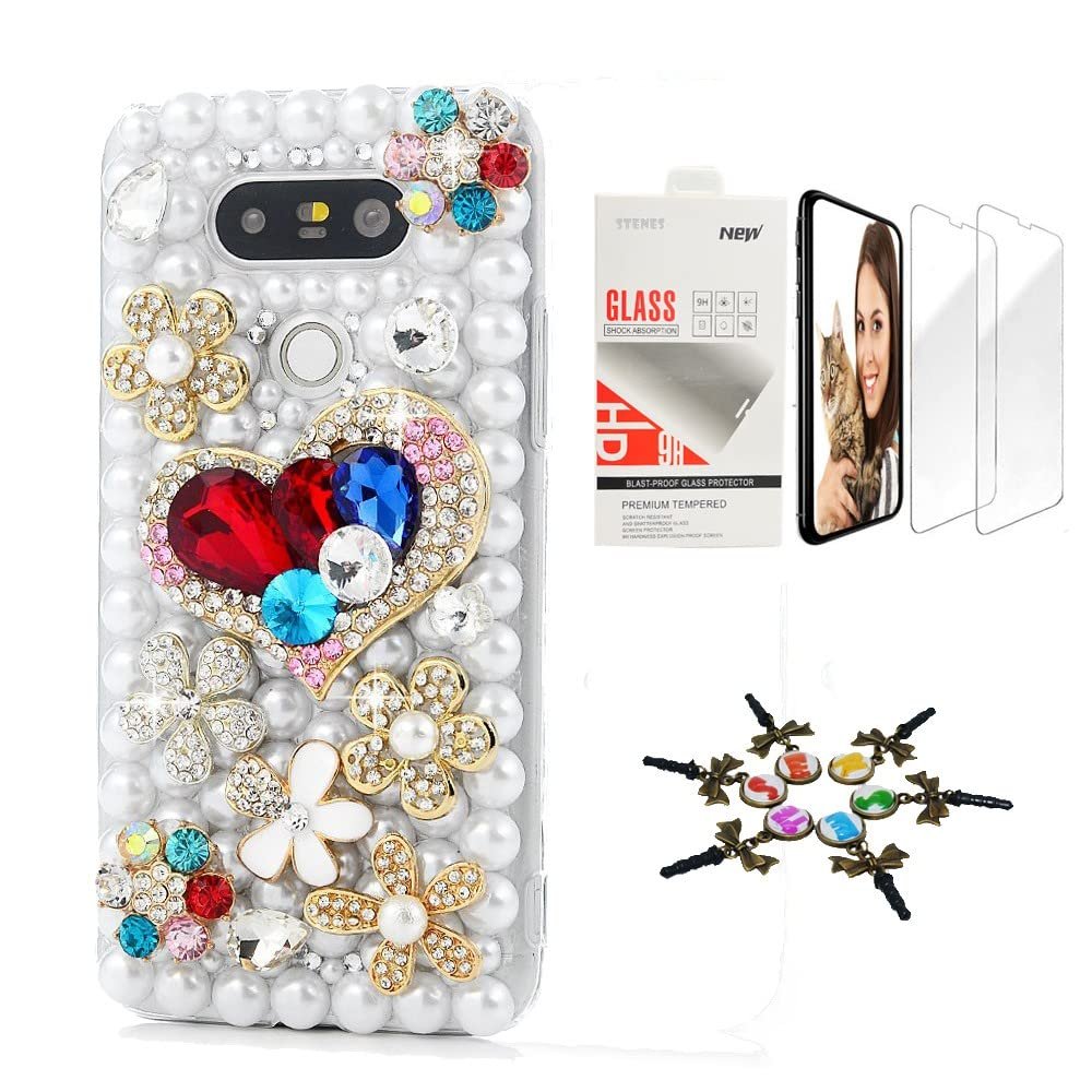 STENES Bling Case Compatible with LG V30 - Stylish - 3D Handmade [Sparkle Series] Sweet Heart Flowers Floral Design Cover with Screen Protector [2 Pack] - White