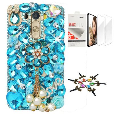 STENES Bling Case Compatible with LG V30 - Stylish - 3D Handmade [Sparkle Series] Flowers Pearl Pendant Design Cover with Screen Protector [2 Pack] - Blue