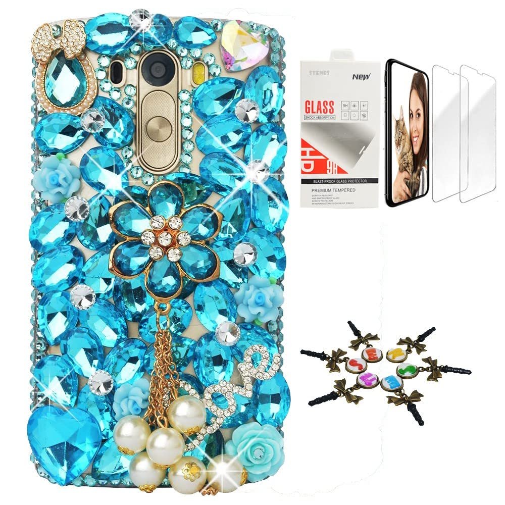 STENES Bling Case Compatible with LG V30 - Stylish - 3D Handmade [Sparkle Series] Flowers Pearl Pendant Design Cover with Screen Protector [2 Pack] - Blue