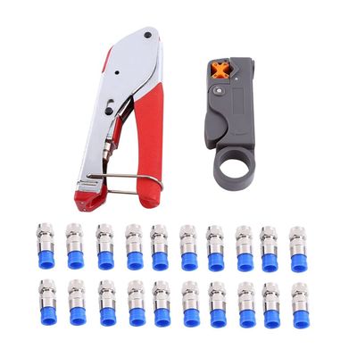 Coax Crimper, RG6 Coax Cable Crimper Coaxial Compression Tool Set Kit, Wire Stripper with F RG59 Included Compression Connectors, Tools,Stripper