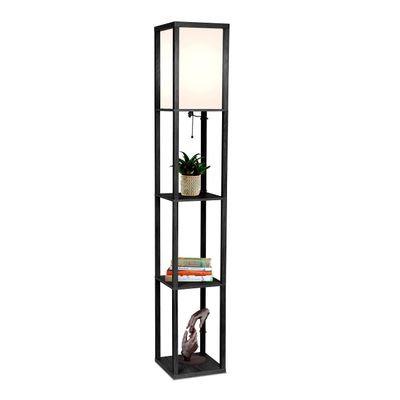 Brightech Maxwell - Modern Shelf Floor Lamp with Lamp Shade & Warm White LED Bulb, Corner Display Floor Lamp with Shelves for Living Room, Bedroom, Nightstand Office, Home Decor Storage - Black
