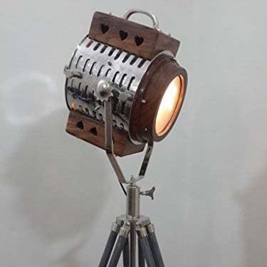 THOR INSTRUMENTS Royal Vintage Hollywood Grey Wood Tripod Spotlight Searchlight Lighting Lamp Stand Rustic Vintage Home Decor Gifts
