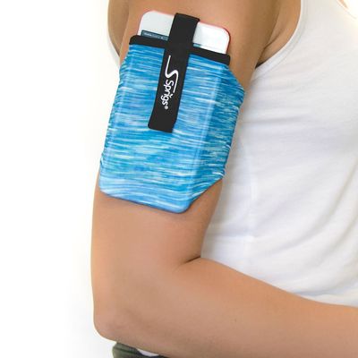 Sprigs Phone Armband for Running, Stretch Sleeve Arm Holder for iPhone 17, Samsung Galaxy S26 & Google Pixel 11, Fits Smartphones with Case for Jogging & Walking - Blue Melange, Medium