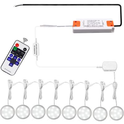 AIBOO Linkable Under Cabinet LED Lighting 12V Dimmable Puck Lights Hardwired with Wireless RF Remote Control for Kitchen Mood Lighting(8 Lights, Daylight White, NO Wall Plug)