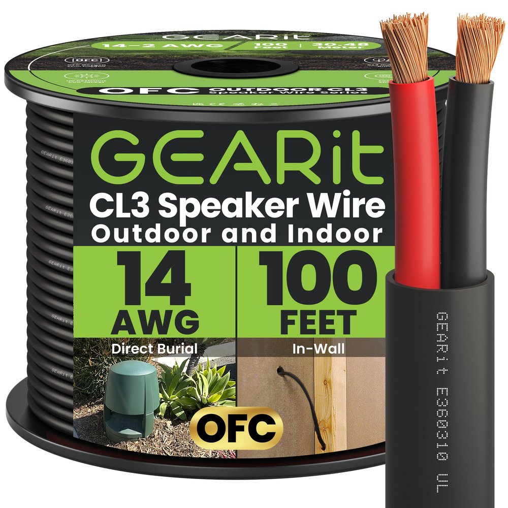 GEARit Outdoor Speaker Wire CL3 Rated, 14 Gauge Speaker Wire, Speaker Cable 100 ft for Outdoor Speakers, Patio, Garden, Backyard Audio, Direct Burial in Ground/in Wall, OFC (Black, 2-Conductors)