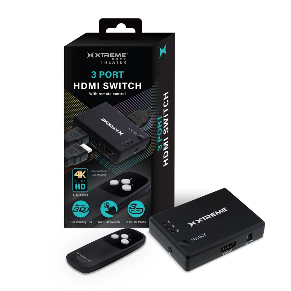 Xtreme 3-Port HDMI Switch with Remote Control, Connect Three Devices to one HDMI TV Port, Gaming, Movies