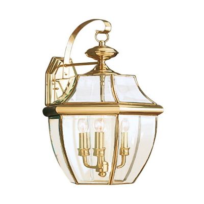 Generation Lighting 8040EN-02 Lancaster Outdoor Wall Sconce, 3-Light 10.5 Total Watts, Polished Brass, 120 Total Watts, 23 Inch Height, 11.75 Inch Wide, Clear Curved Beveled Glass Shade