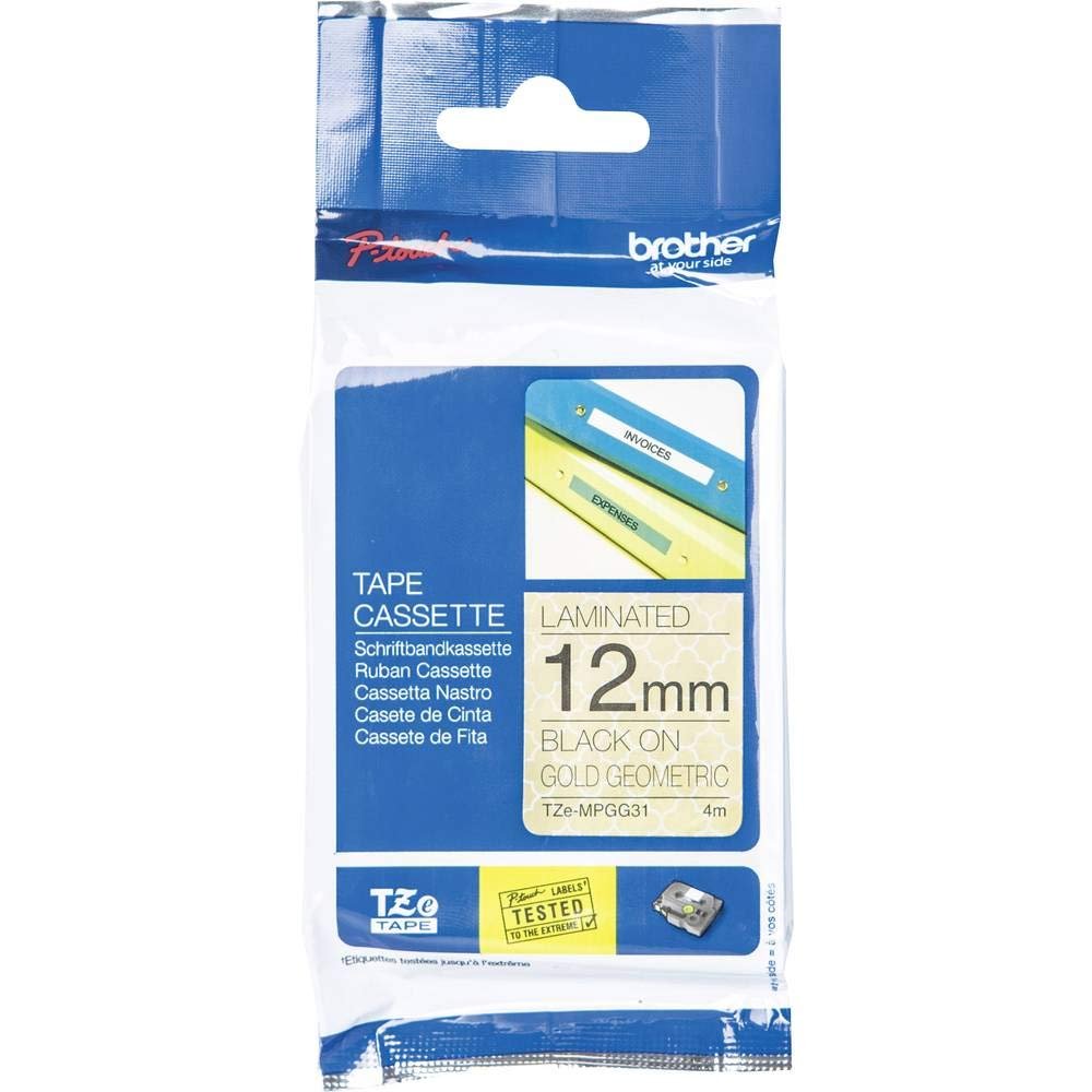 Brother TZe-MPGG31 Labelling Tape Cassette, Black on Gold Geometric, 12 mm (W) x 4 m (L), Laminated, Brother Genuine Supplies