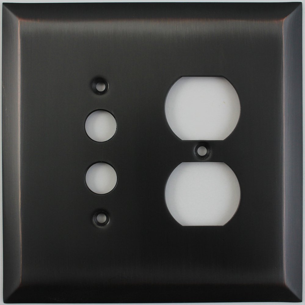 Jumbo Stamped Oil Rubbed Bronze Two Gang Combo Wall Plate - One Push Button Light Switch One Duplex Outlet