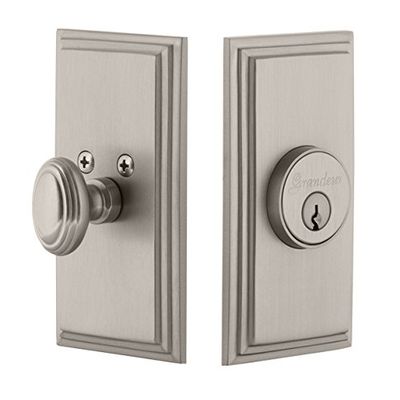 Grandeur Single Cylinder Deadbolt with Carre Plate, Satin Nickel, Single Cylinder Deadbolt 2.75" Keyed Alike
