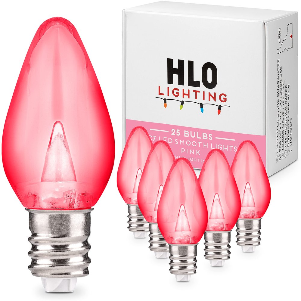 Holiday Lighting Outlet LED Smooth C7 Pink Replacement Christmas Light Bulbs for E12 Sockets, Energy Efficient Commercial Grade, 2 Diode 0.58 Watt (LED) Bulbs. Pack of 25 Bulbs