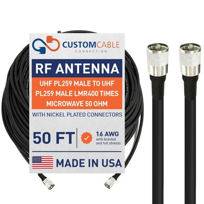 Custom Cable Connection UHF PL259 Male to UHF PL259 Male LMR400 Times Microwave 50 Ohm Coax Low Loss Antenna Cable for Ham Radio, WLAN, CB Radio and WiFi Antenna Feeders (50 Foot)
