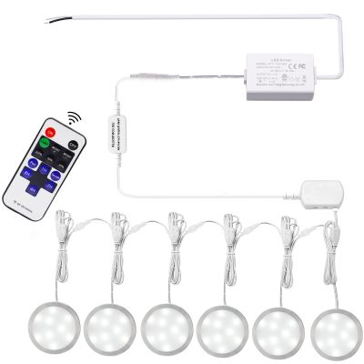 AIBOO Linkable Under Cabinet LED Lighting Hard Wire 12V Slim Aluminum Dimmable Puck Lights with Wireless Controller for Ambiance Lighting(6 Lights, Daylight White, NO Wall Plug)