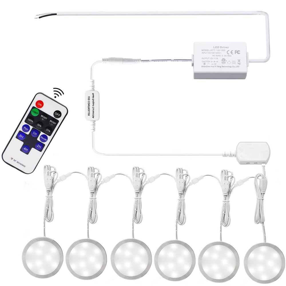 AIBOO Linkable Under Cabinet LED Lighting Hard Wire 12V Slim Aluminum Dimmable Puck Lights with Wireless Controller for Ambiance Lighting(6 Lights, Daylight White, NO Wall Plug)