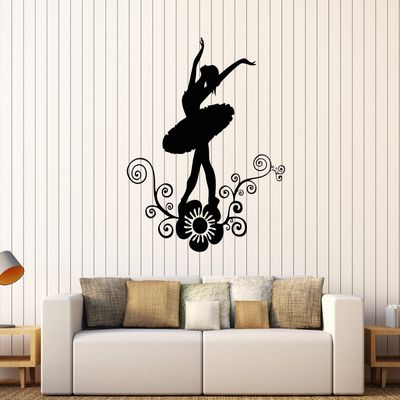 Vinyl Wall Decal Ballerina Dance Room Flower Beautiful Girl Stickers (072ig) Black