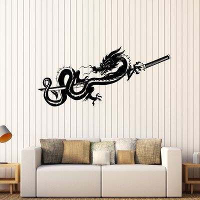 DesignToRefine Vinyl Wall Decal Dragon Samurai Sword Warrior Asian Stickers Mural (076ig) Black