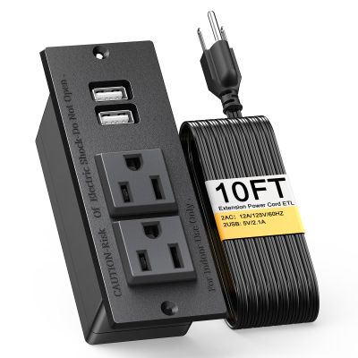 Kungfuking Desktop Power Grommet Conference Recessed Power Strip in Desk Outlet Power Socket 2-Socket &2-USB Ports 9.85 FT Extension Power Cord, ETL Listed