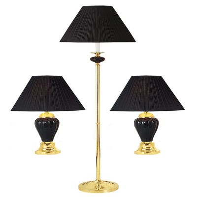 Ore International K-4101BK-31 Ceramic/Brass Table Plus Floor Lamp, Black, Set of 3