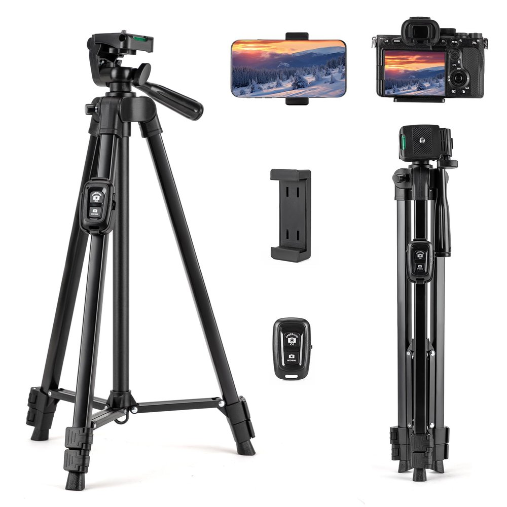 Fotopro Camera Tripod, 51'' Lightweight Portable Travel Tripods for Camera and Phone with 3-Way Head Remote Control Cellphone Holder Travel Bag, Aluminum Phone Tripod Stand for Recording LiveStreaming
