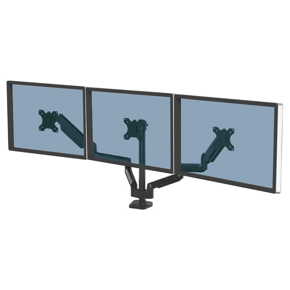 Fellowes Platinum Series Triple Monitor Arm for 27-Inch Monitors, Full Motion, 360 Rotation, VESA Mount with Grommet or Clamp, USB Ports, Ergonomic, Black, 8042601