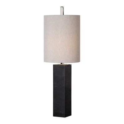 MY SWANKY HOME Black Marble Column Buffet Accent Lamp | Tall Shade Silver Modern