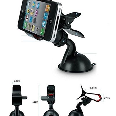 Ruela 360 Degree Car Windshield Mount Cell Phone Mounts & Holders Bracket Stand for iPhone 6 6S 5 4S for Samsung Smartphone (Black)