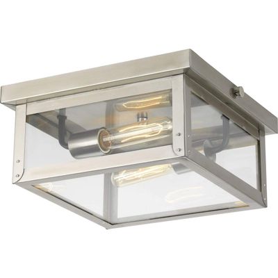 Progress Lighting Union Square Collection 2-Light Clear Flat Glass Farmhouse Outdoor Close-to-Ceiling Light Stainless Steel