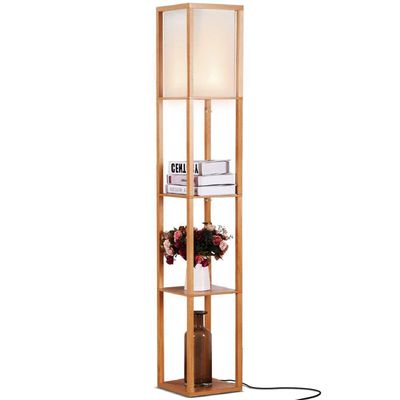 Brightech Maxwell - Modern Shelf Floor Lamp with Lamp Shade & Warm White LED Bulb, Corner Display Floor Lamp with Shelves for Living Room, Bedroom, Nightstand Office, Home Decor Storage - Natural Wood