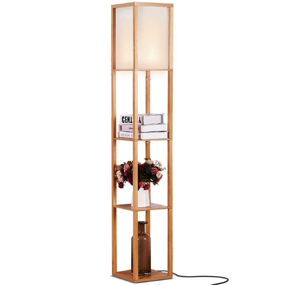 Brightech Maxwell - Modern Shelf Floor Lamp with Lamp Shade & Warm White LED Bulb, Corner Display Floor Lamp with Shelves for Living Room, Bedroom, Nightstand Office, Home Decor Storage - Natural Wood