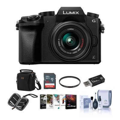 Panasonic LUMIX DMC-G7 Mirrorless with 14-42mm Lens, Black Bundle with Shoulder Bag, 32GB Memory Card, Complete Cleaning Kit, Memory Card Wallet, Card Reader, Software Kit, 46mm Filter Kit