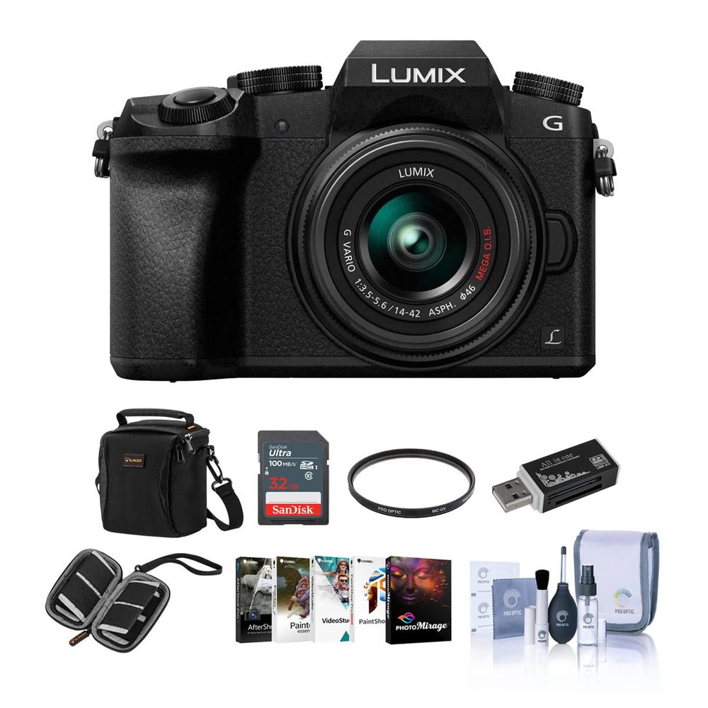 Panasonic LUMIX DMC-G7 Mirrorless with 14-42mm Lens, Black Bundle with Shoulder Bag, 32GB Memory Card, Complete Cleaning Kit, Memory Card Wallet, Card Reader, Software Kit, 46mm Filter Kit
